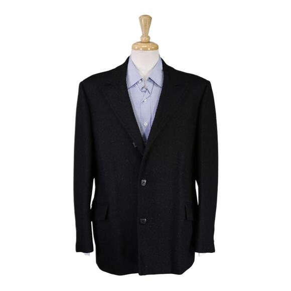 Tailored in Italy Black Herringbone 3B Heavy Peak Lapel Overcoat Blazer Coat 40R - Picture 1 of 9